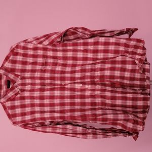 Men Long Red Plaid casual button down